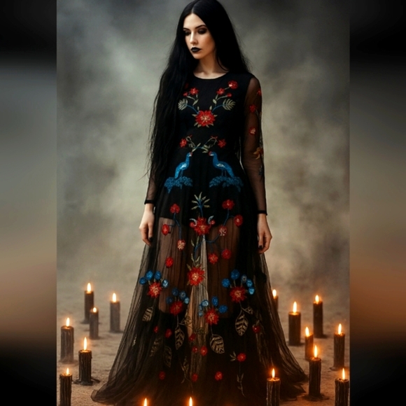 L'ATISTE Dresses & Skirts - L'ATISTE Maxi Dress Black Colorful Embroidery Mesh Neck Whimsigoth Party Sz S
